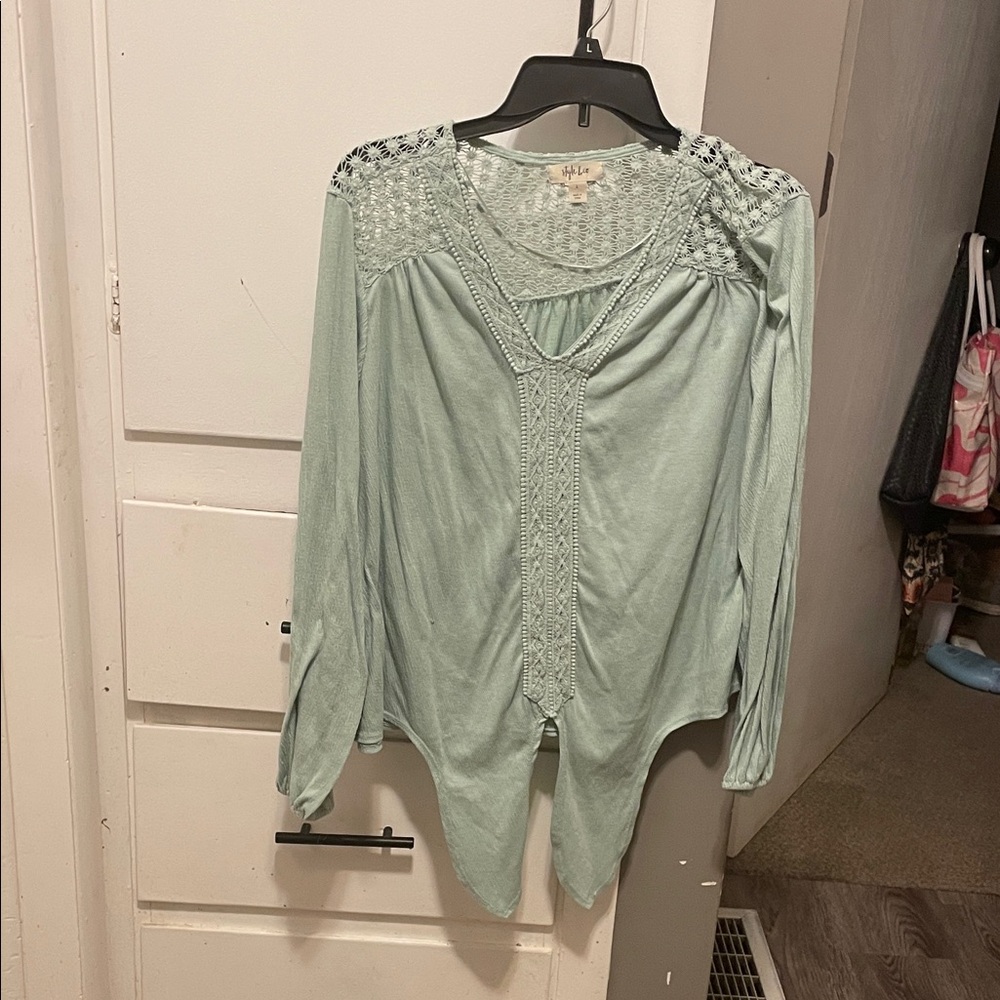 Style & Co. Light Green Blouse with Crochet Details